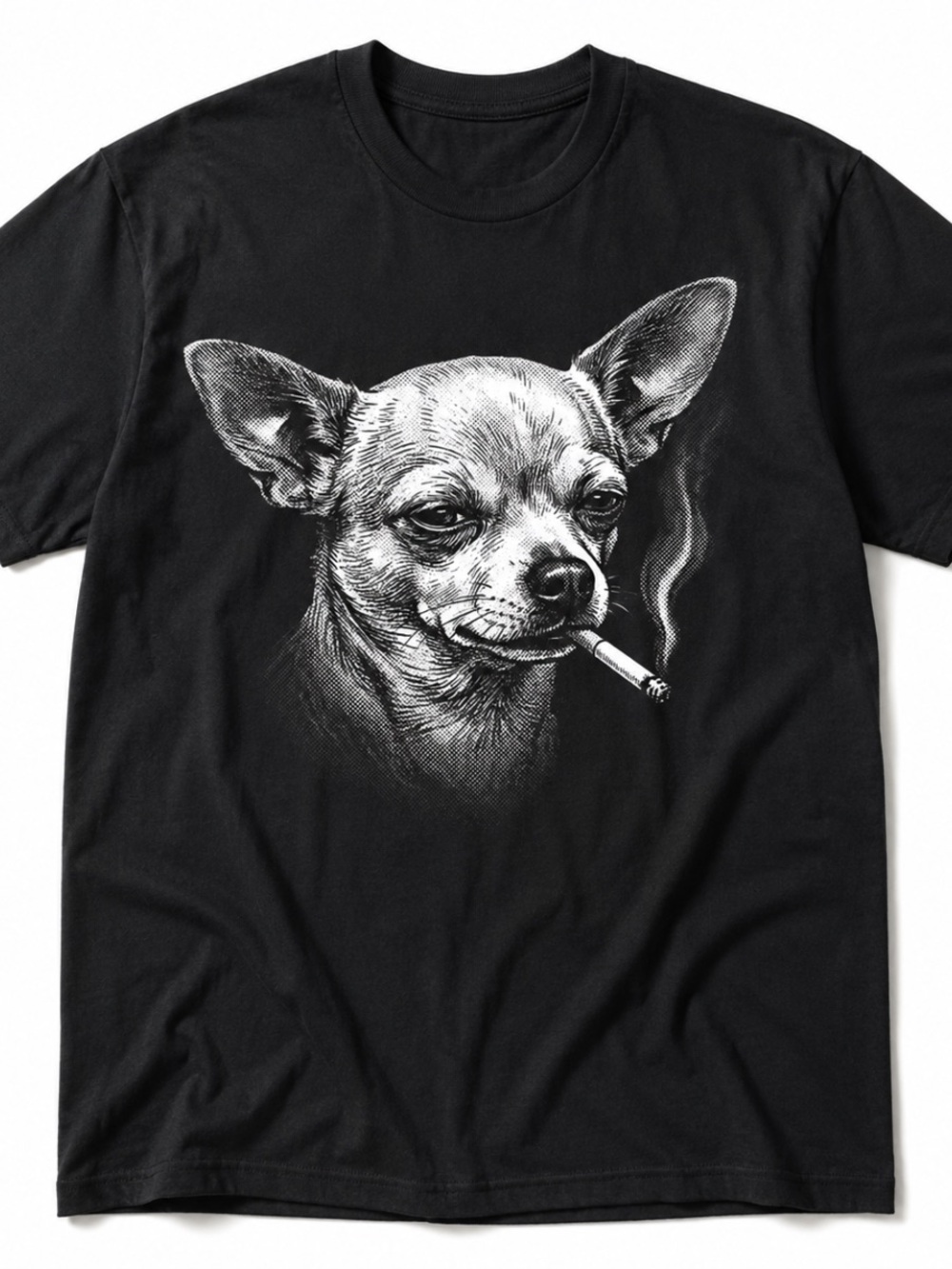Gildan Black Tee with White Smoking Chihuahua Illustration